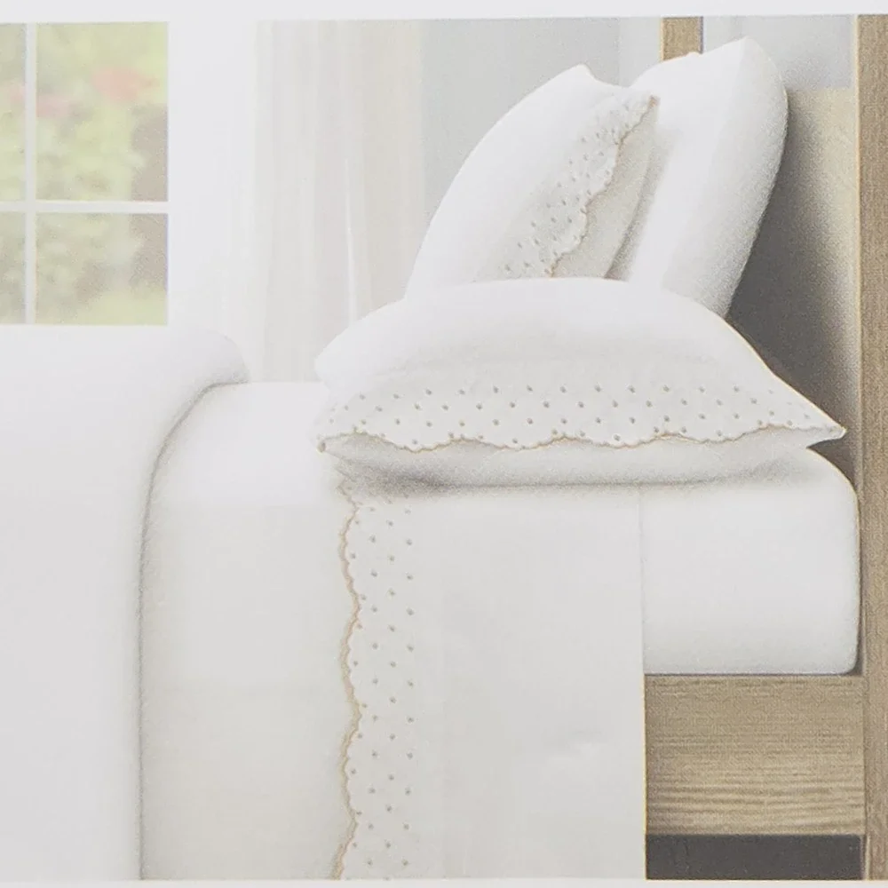 Shabby Chic 4pc White Cotton Queen Sheet Set Embroidered Scalloped Tan Polka Dot